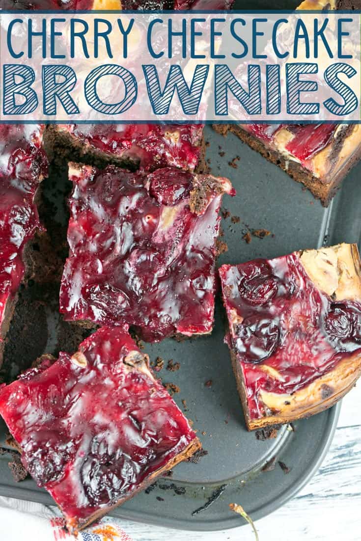 Cherry Cheesecake Brownies: made entirely from scratch with thick, fudgy brownies, a creamy layer of cheesecake batter, and homemade cherry pie filling on top. {Bunsen Burner Bakery} #brownies #cheesecake #cherrycheesecake #cheesecakebrownies