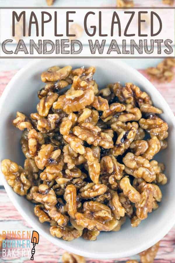 Maple Glazed Walnuts: An easy 5 minute, 4 ingredient recipe for gluten free and vegan toasted walnuts glazed with maple syrup. Perfect for a snack, topping a salad, or embellishing a dessert all year long. #bunsenburnerbakery #walnuts #candiednuts #glutenfree #vegan #paleo