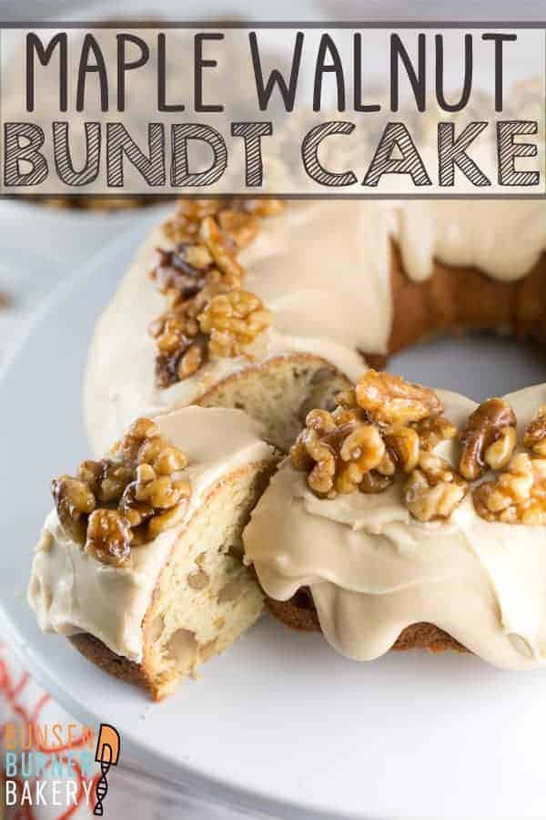 Maple Walnut Bundt Cake: vanilla bundt cake filled with maple and walnut, a thick layer of maple frosting, topped with homemade maple glazed walnut. It's the perfect fall cake! #bunsenburnerbakery #bundtcake #cake #maplewalnut #fallbaking
