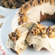 Maple Walnut Bundt Cake: vanilla bundt cake filled with maple and walnut, a thick layer of maple frosting, topped with homemade maple glazed walnut. It's the perfect fall cake! {Bunsen Burner Bakery}