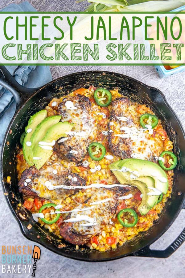 one pan cheesy chicken dinner with jalapenos in a cast iron pan