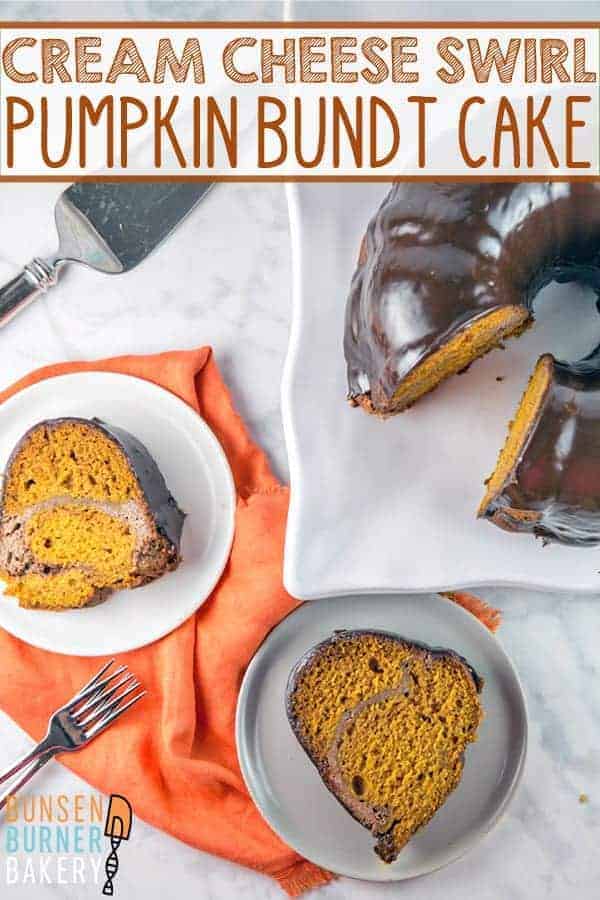 Cream Cheese Swirl Pumpkin Bundt Cake: Make pumpkin bread even better by turning it into a cinnamon cream cheese swirled, chocolate ganache covered, pumpkin bundt cake! Perfect for brunch or dessert, this sky-high bundt cake is just waiting for all your fall celebrations. #bunsenburnerbakery #bundtcake #pumpkincake #creamcheeseswirl