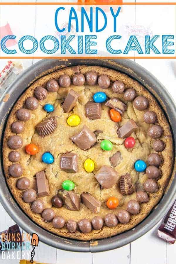 Leftover Candy Cookie Cake: You could eat your candy... or you can turn it into an outrageous soft and chewy candy cookie cake filled with all your favorite candy! #bunsenburnerbakery #candy #Halloween #HalloweenCandy #cookiecake