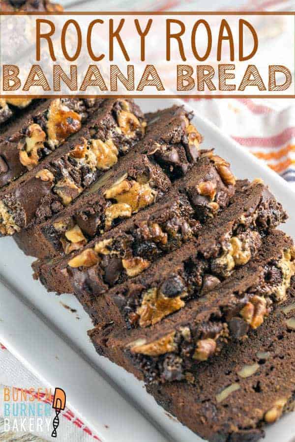 Rocky Road Banana Bread: Shake up your banana bread with chocolate chips, walnuts, and marshmallows. An unexpected, delicious, chocolatey hit! #bunsenburnerbakery #bananabread #quickbread #rockyroad 