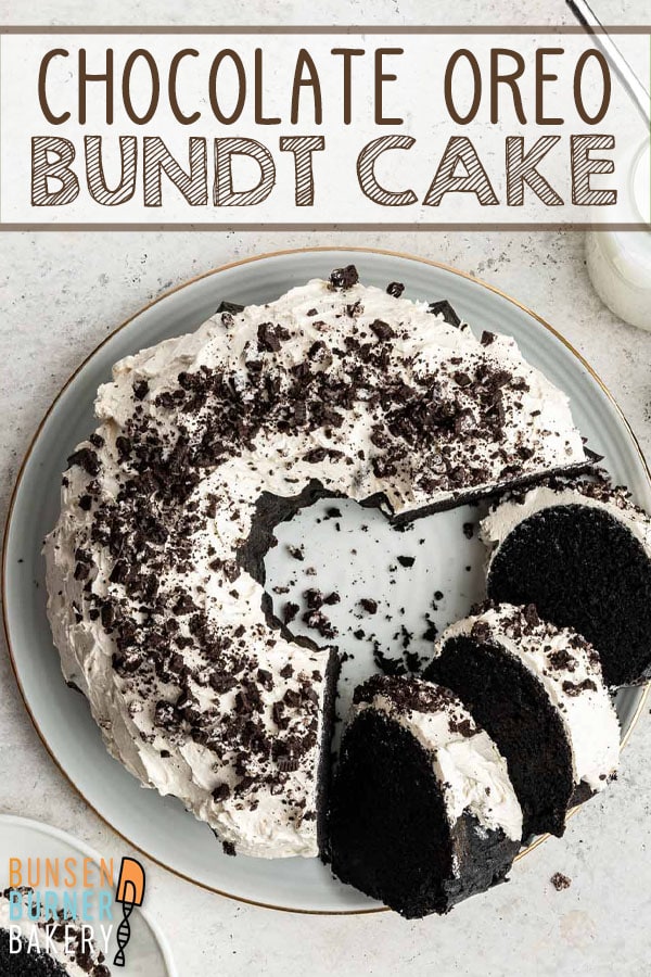 This easy homemade cookies and cream Oreo Bundt Cake recipe has a deep, dark, rich chocolate cake made from scratch, full of chopped oreos and covered in marshmallow buttercream frosting.  The perfect birthday or celebration cake!