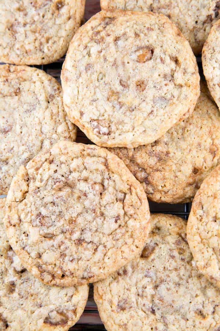 close up view of toffee cookies showing the textured top of the cookie.