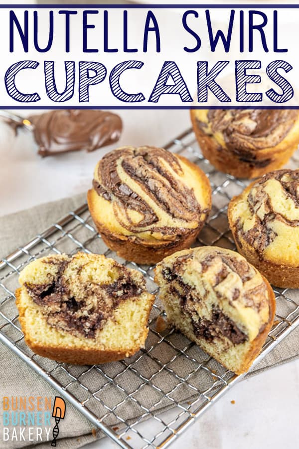 Nutella Swirl Cupcakes: rich, buttery cupcakes with decadent swirls of nutella baked right on top. These self-frosting cupcakes are ideal for travel: just toss in a bag and go! {Bunsen Burner Bakery} #cupcakes #nutella