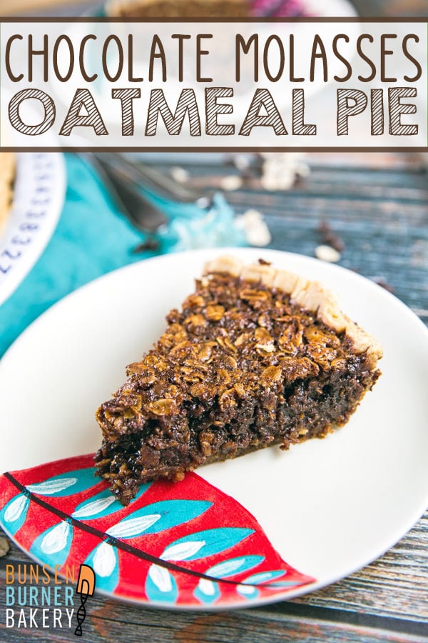 Chocolate Molasses Oatmeal Pie: spicy molasses paired with a chewy oatmeal cookie texture and a chocolate-ganache lined pie crust. The perfect pie for Thanksgiving, Christmas, or all winter long - and gluten free, too!