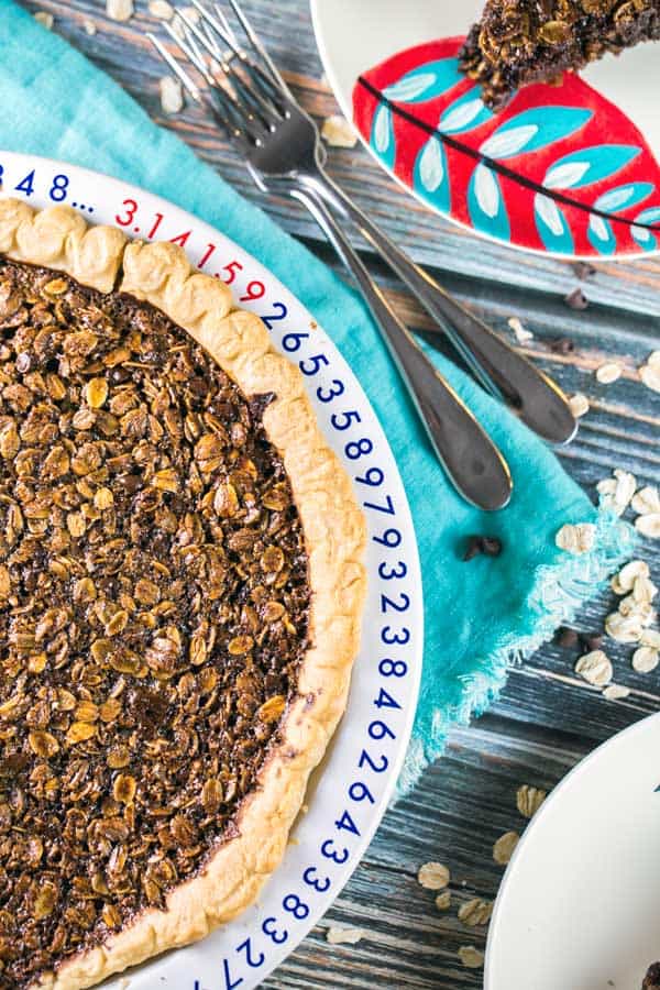 Chocolate Oatmeal Molasses Pie: spicy molasses paired with a chewy oatmeal cookie texture and a chocolate-ganache lined pie crust. The perfect winter pie! {Bunsen Burner Bakery}