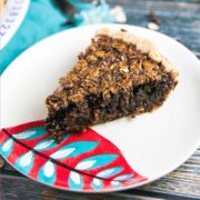 slice of chocolate oatmeal molasses pie on a dessert plate