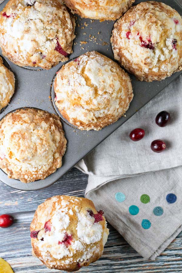 muffins with sugary topping in a six well muffin tin.