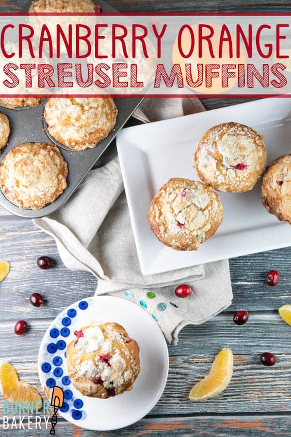 Cranberry Orange Streusel Muffins: tart cranberries (fresh or frozen!) and oranges pair perfectly with a sweet crumbly streusel topping for these easy domed muffins. All the tips you need for moist bakery style muffins at home! #bunsenburnerbakery #muffins #streusel #cranberryorange