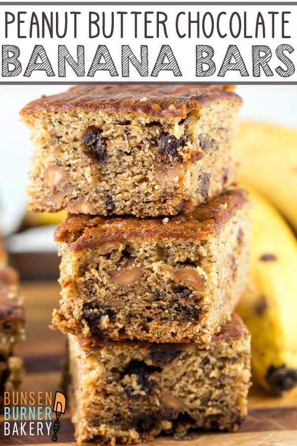 Peanut Butter Chocolate Chip Banana Bars are the perfect banana bread meets blondie meets sheet cake. This easy recipe is full of chocolate chips and peanut butter chips and bakes in less time than banana bread.