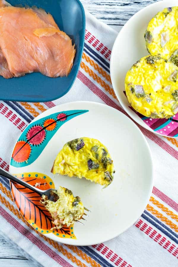 Smoked Salmon Egg Muffins: full of smoked salmon, capers, and red onion, these smoked salmon egg muffins are a delicious low carb, high protein breakfast option. {Bunsen Burner Bakery} #breakfast #brunch #eggs #smokedsalmon #glutenfree 