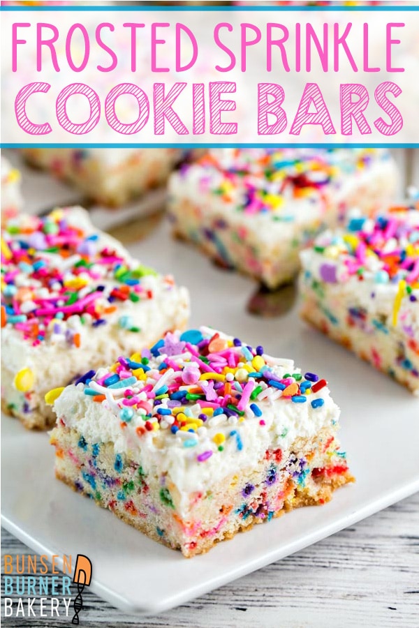 Colorful, fun, and festive, these super-soft frosted Funfetti Sugar Cookie Bars are perfect for any celebration!  Just like your favorite sugar cookie, but baked in easy bar form with a thick layer of buttercream frosting and filled with sprinkles!