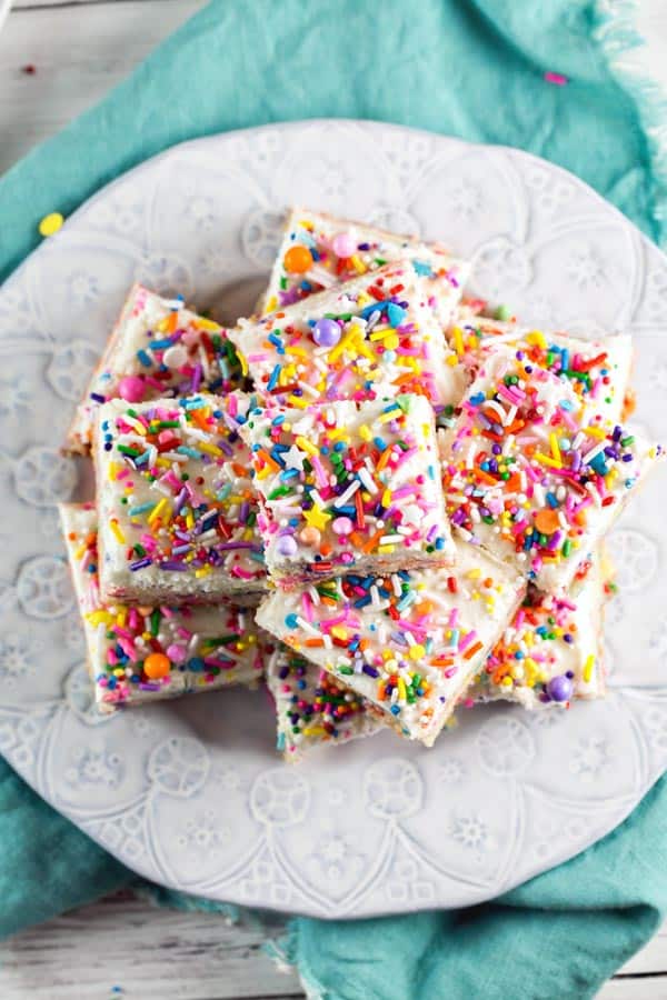 overhead view of funfetti sugar cookie bars cut into squares.