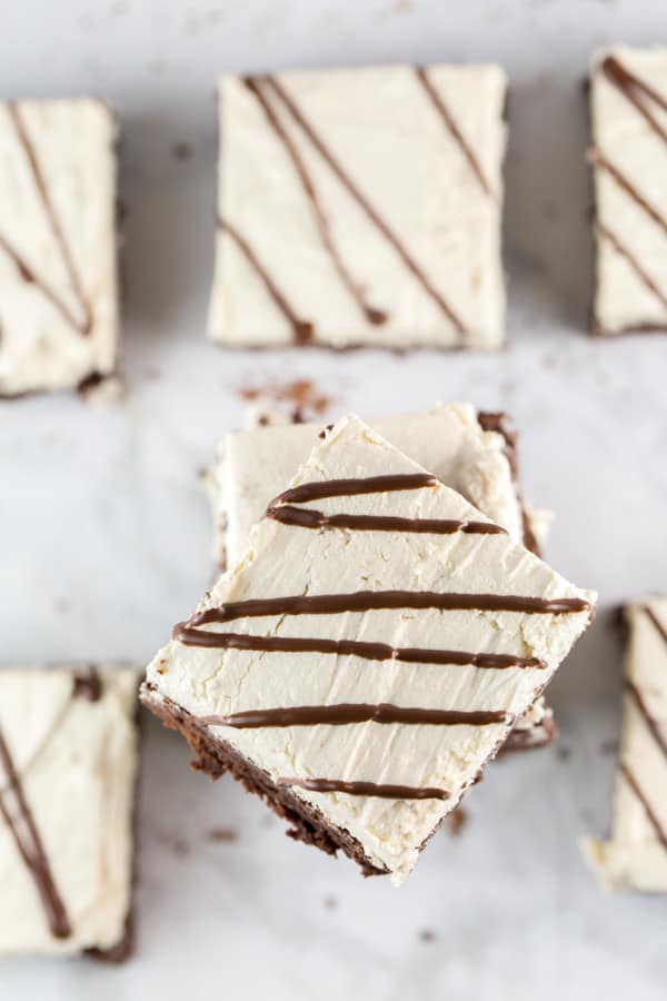 overhead view of frosted tahini brownies.