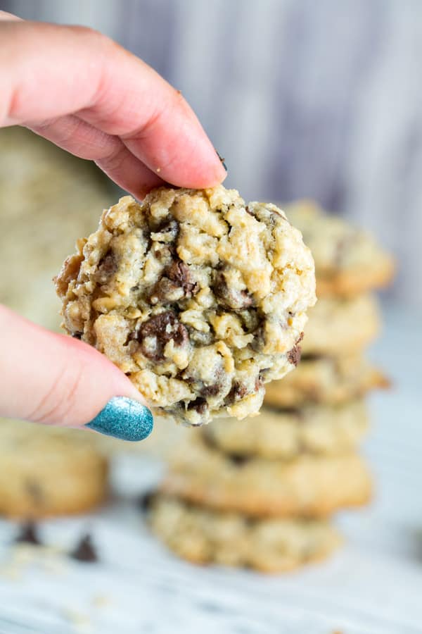 a hand holding a medium-sized oatmeal cookie showing the chewy texture and plentiful chocolate chips.