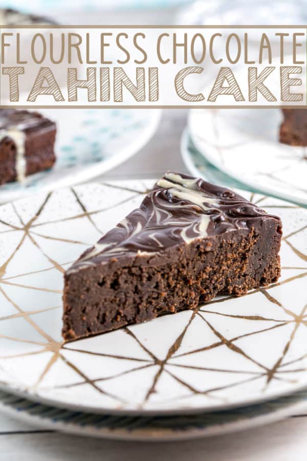Flourless Chocolate Tahini Cake: Gluten free, Passover friendly, delicious all the time. A rich, decadent flourless chocolate cake with swirls of tahini make an easy, elegant cake.