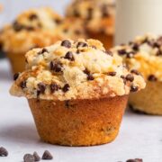 chocolate chip muffin covered with chocolate chip streusel.