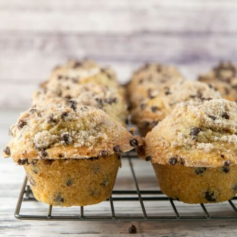 Chocolate Chip Streusel Muffins: filled with chocolate chips and covered with a crunchy, chocolatey streusel topping, these muffins are perfect any time of day. Plus tips for baking jumbo-sized bakery style muffins at home! {bunsenburnerbakery.com} #muffins #chocolatechips