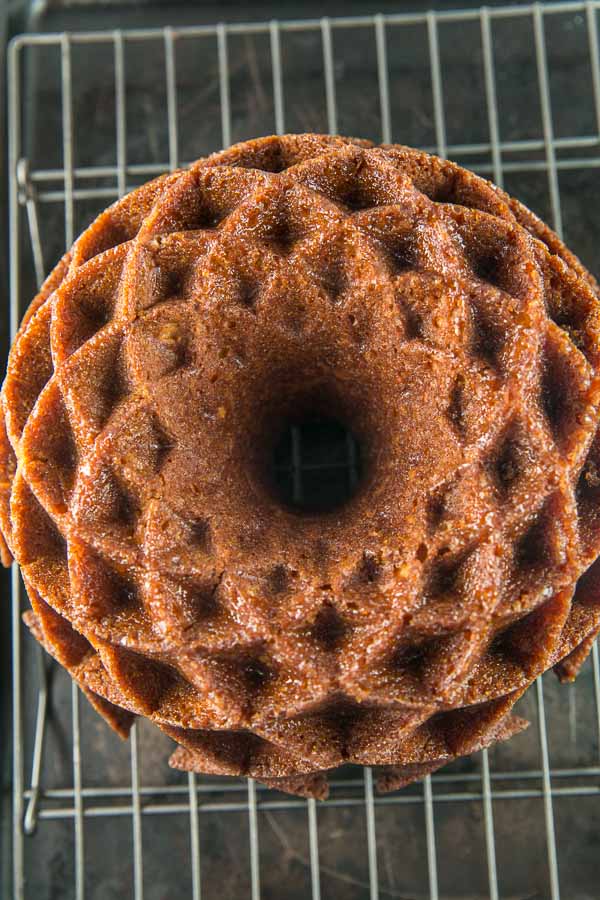 bundt cake baked in a Jubilee pan cooling on a wire rack