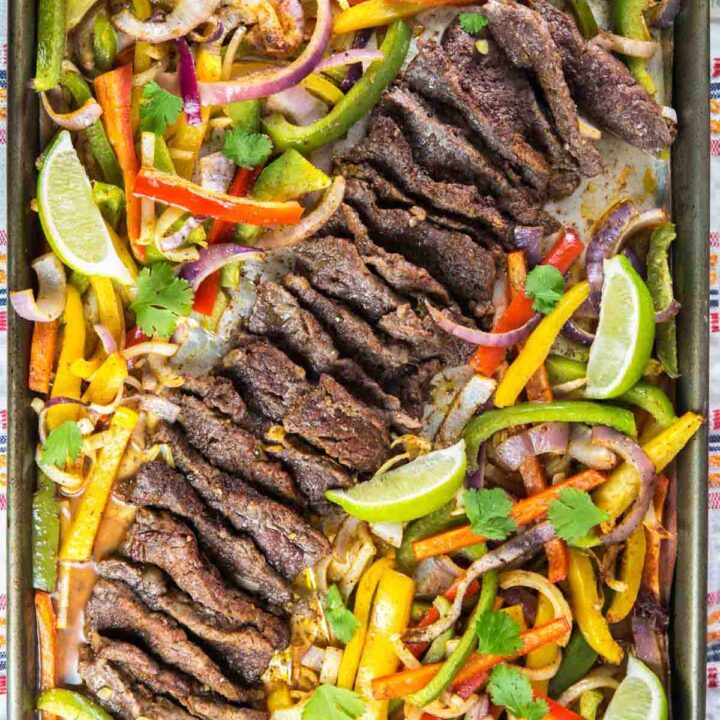 broiled steak and peppers covered in homemade fajita spices