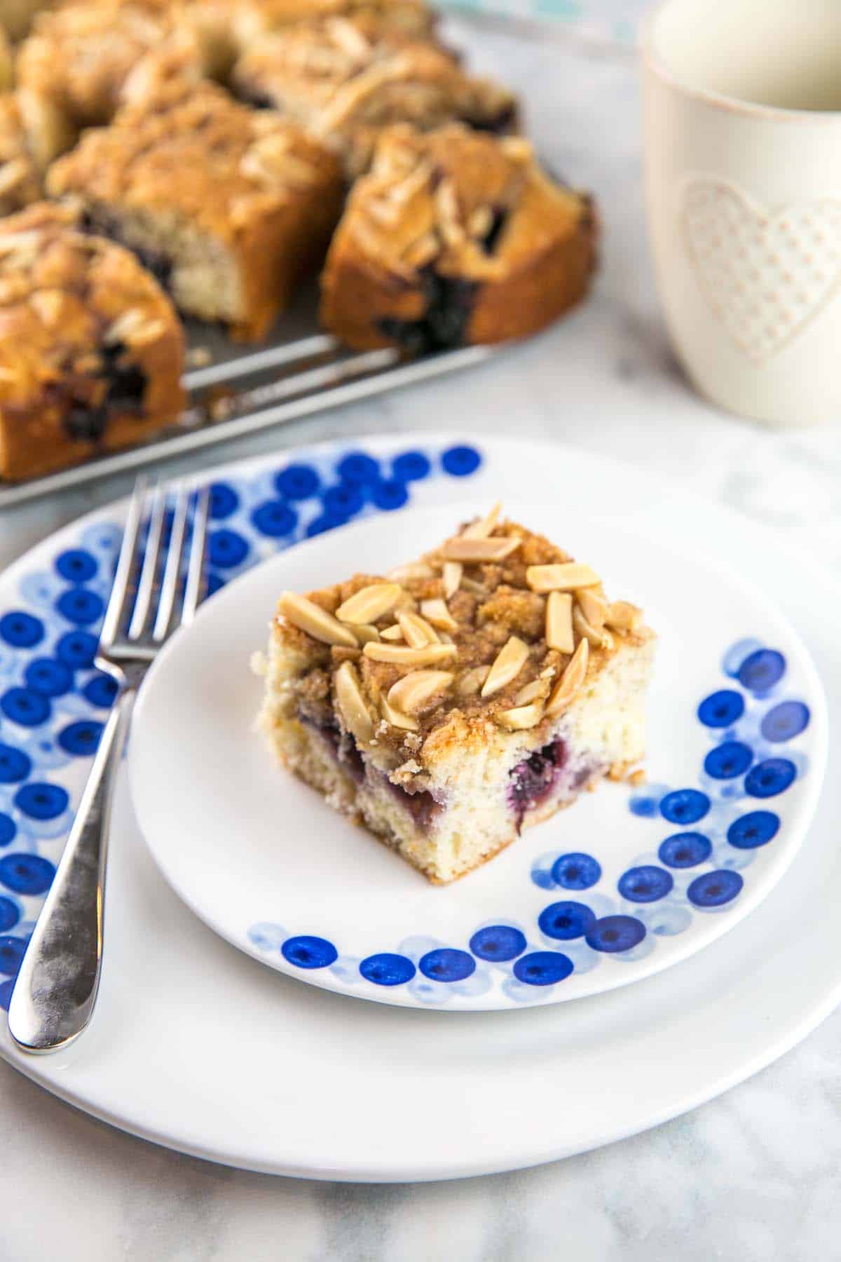 slice of blueberry cake with almond streusel on a blueberry themed dessert plate