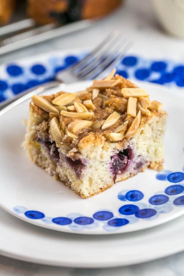 slice of cake with juicy blueberries on a blueberry themed dessert plate