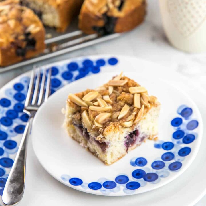Almond Blueberry Breakfast Cake: a light buttermilk blueberry cake with an almond streusel toping, perfect for breakfast or as as a not-so-sweet dessert. {Bunsen Burner Bakery} #breakfastcake #coffeecake #blueberrycake