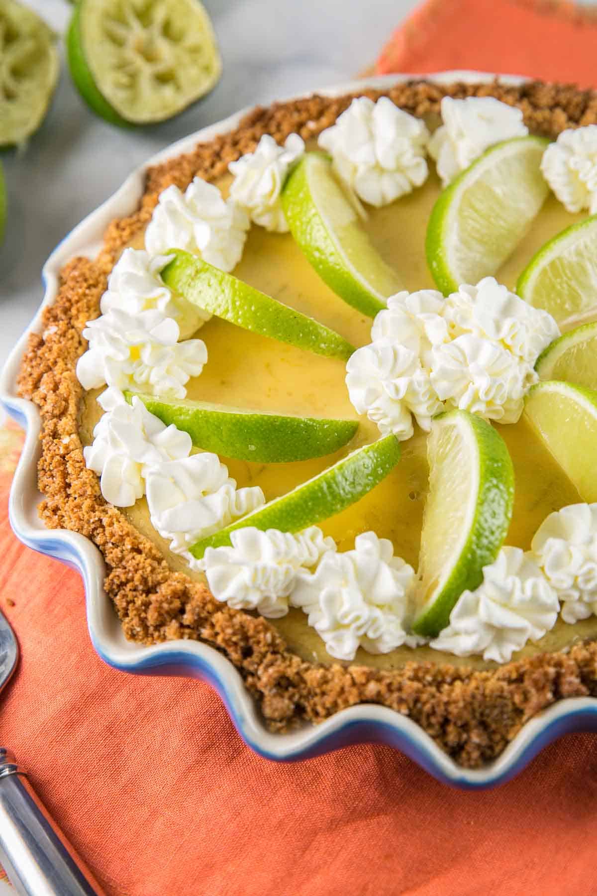 whipped cream swirls on top of a baked custard margarita pie