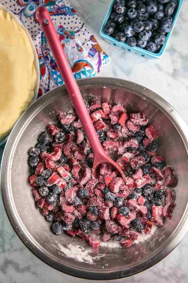 mixing bowl filled with chopped rhubarb, blueberries, sugar, and tapioca for a pie