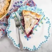 a slice of blueberry rhubarb pie on a floral dessert plate
