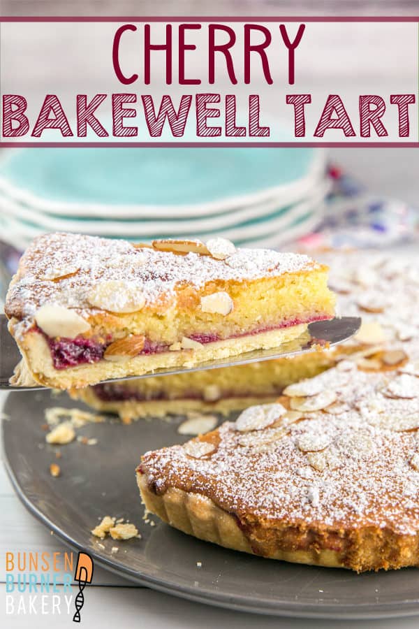 Cherry Bakewell Tart: a buttery shortbread crust, cherry jam, and almond frangipane sponge combine for a perfect not-so-sweet dessert or breakfast treat. 