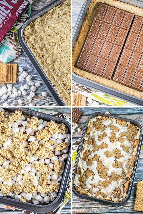 step by step photos showing layers of graham cracker cookie crust, chocolate bars, marshmallows, and final baked s'mores bars