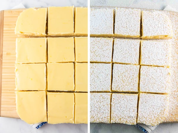 before and after photos showing lemon pie bars with and without a dusting of powdered sugar