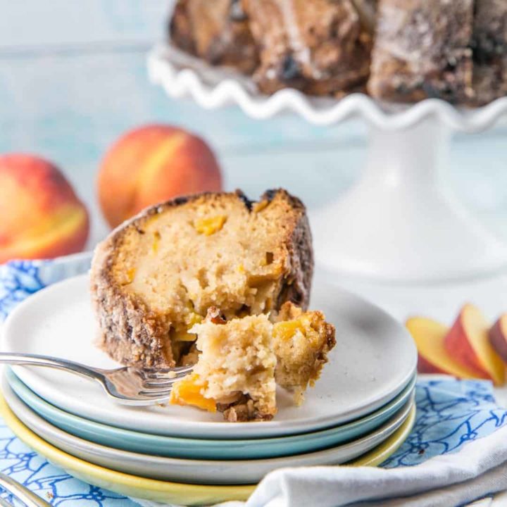 Cinnamon Sugar Peach Bundt Cake: An easy mix-by-hand dairy free peach bundt cake with a crunchy cinnamon sugar shell. {Bunsen Burner Bakery} #cake #bundtcake #peachcake #cinnamonsugar