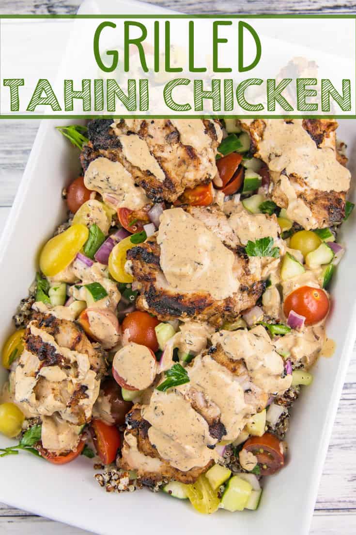 Grilled Tahini Chicken: chicken thighs in a creamy, allergy-friendly, Middle Eastern tahini sauce. Quick and easy on the grill or in the oven. Dairy free, nut free, soy free, gluten free.