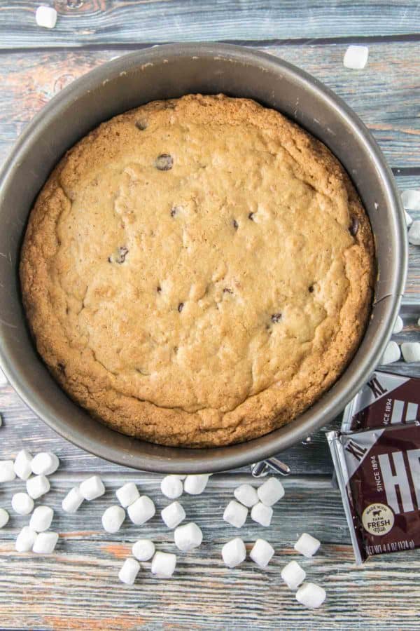 cookie cake in a springform pan surrounded by marshmallows and chocolate bars