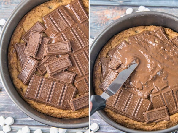 two picture panel showing melting chocolate on a warm cookie cake and spreading the chocolate with a spatula