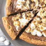 s'mores cookie cake covered in melted chocolate and toasted marshmallows