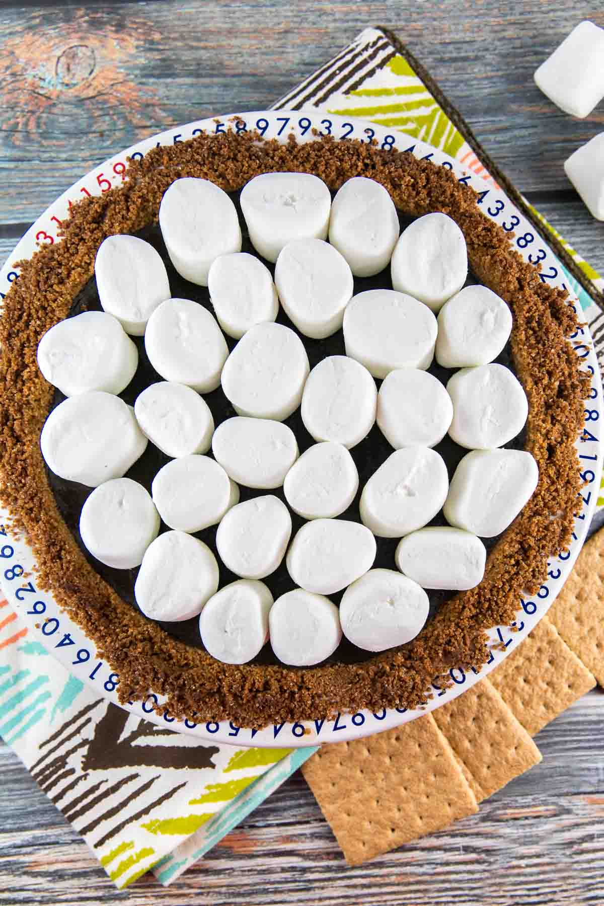 baked chocolate pie with jumbo marshmallows on top waiting to be toasted