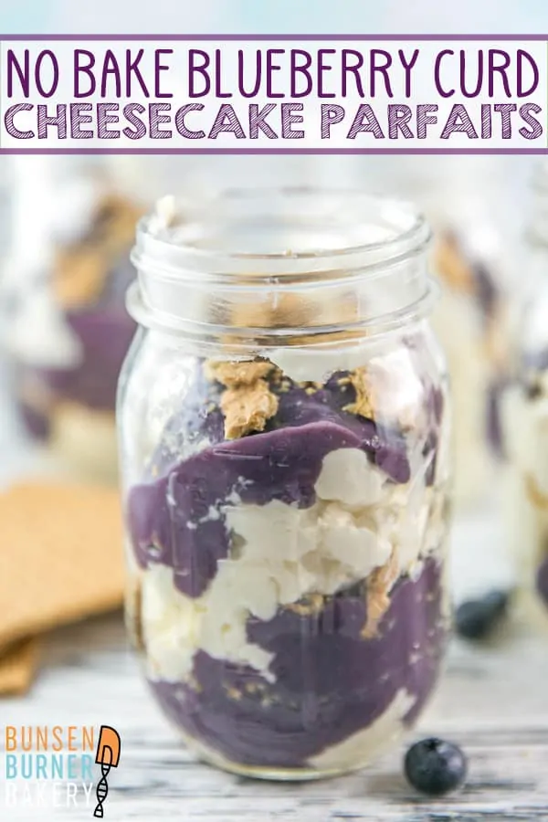 No Bake Cheesecake Parfaits with Blueberry Curd: an easy no bake make ahead dessert. Layers of creamy cheesecake, blueberry cardamom curd, and crumbled graham crackers served in individual cups.