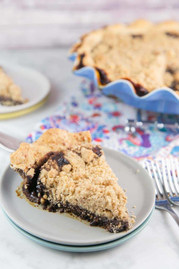 a slice of shoofly pie with the wet bottom molasses layer seeping along the side of the crust