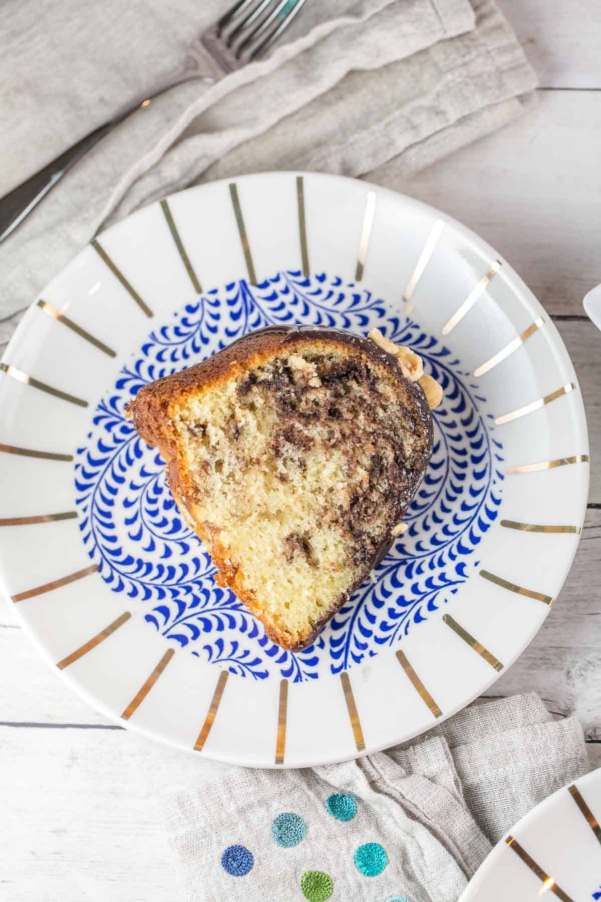 one slice of nutella bundt cake on a plate