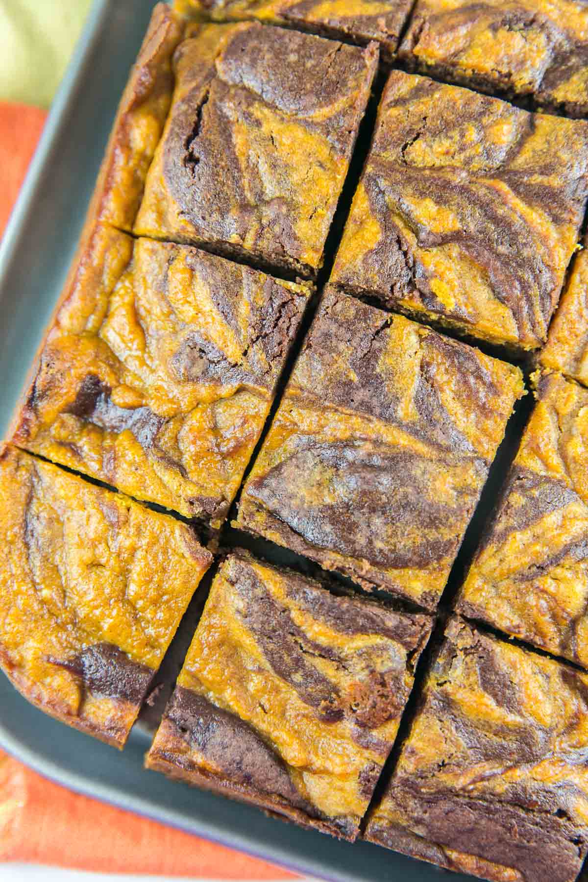 pumpkin swirl brownies cut into squares in a springform pan.