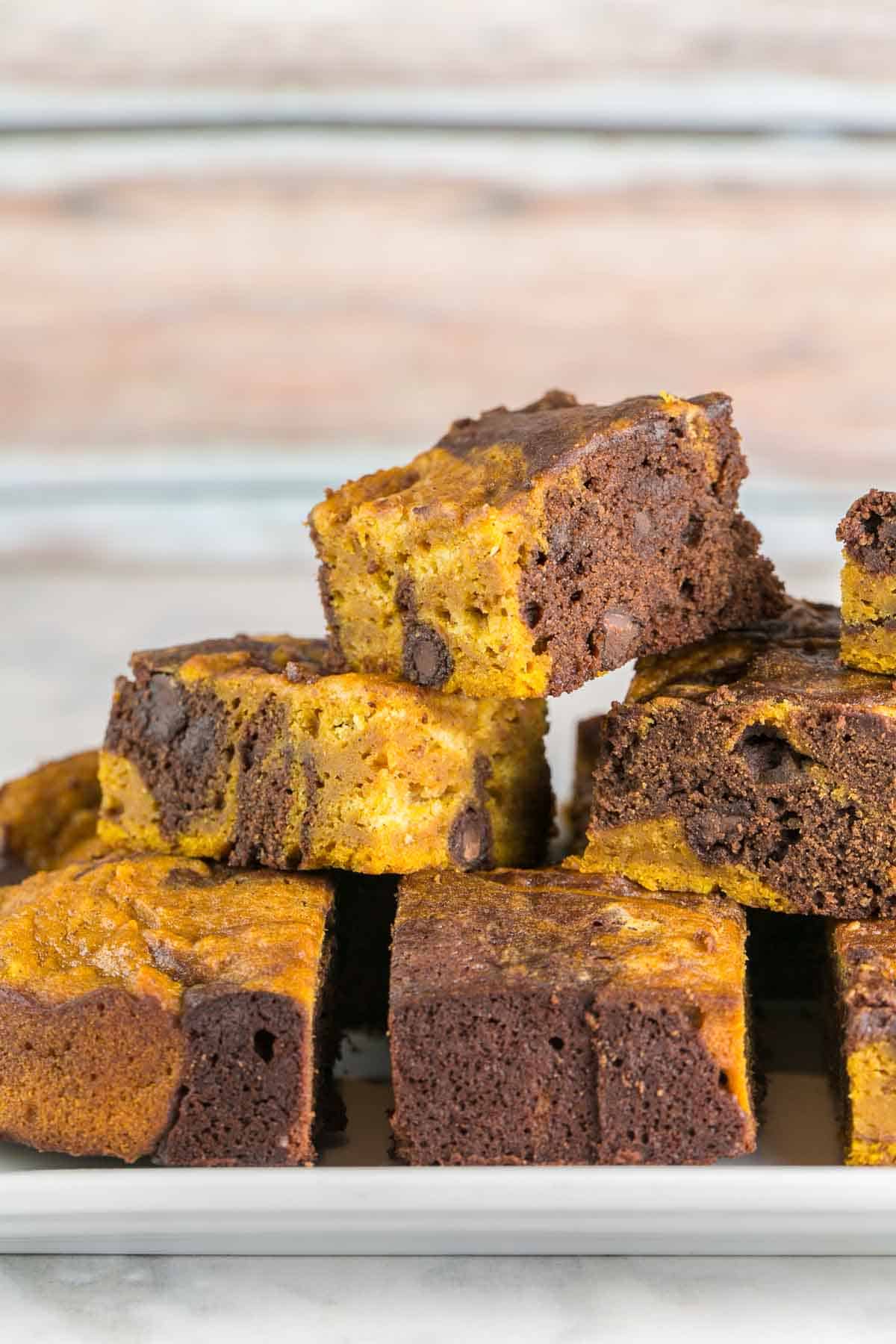 side view of a tray of pumpkin swirl brownies highlighting the chocolate and pumpkin swirls.