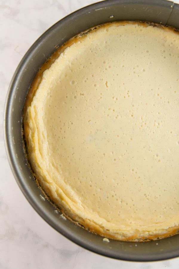 a plain cheesecake baked in a springform pan.