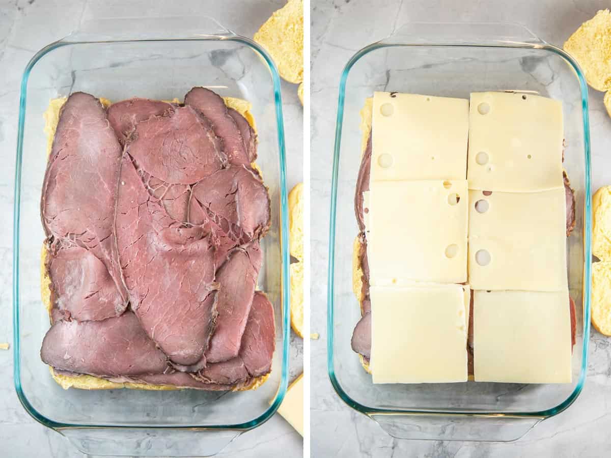 how to make baked roast beef sliders by layering on roast beef followed by swiss cheese