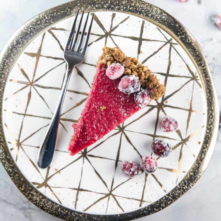 Cranberry Curd Pie with Gingersnap Crust: A silky-smooth cranberry curd in a gingersnap hazelnut crust. The perfect holiday pie! #bunsenburnerbakery #cranberrypie #pie #fruitcurd